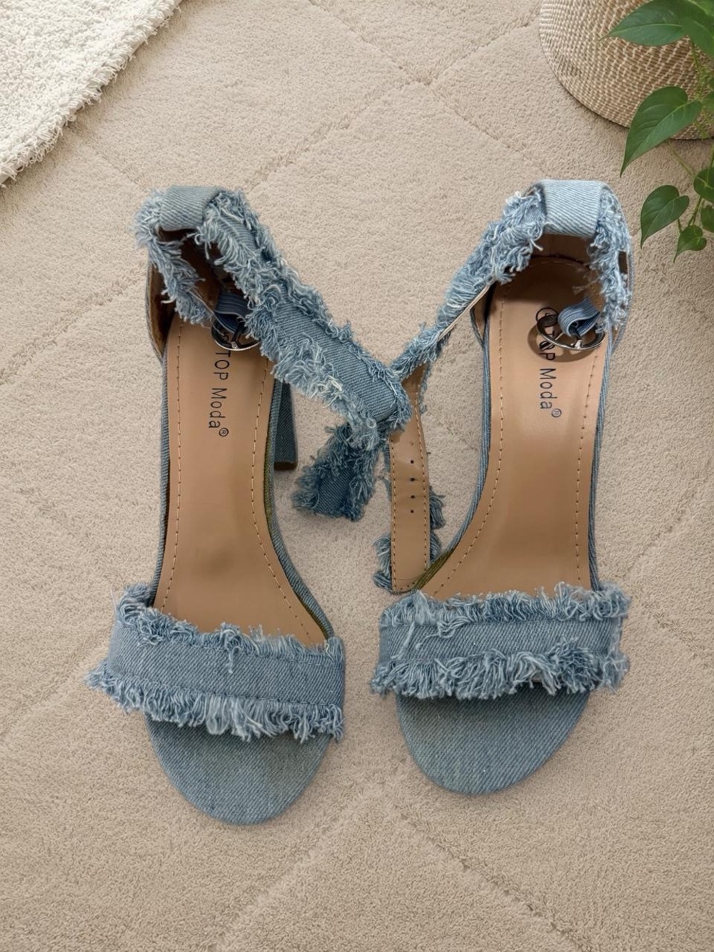 TOP Moda Denim Frayed Ankle-Tie Heels - Light Blue